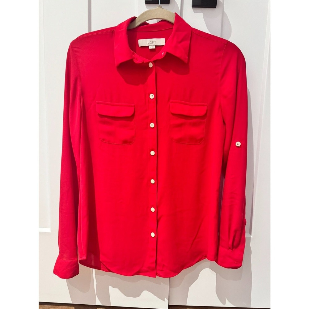 Loft Red Long Roll Sleeve‎ Button Up XS